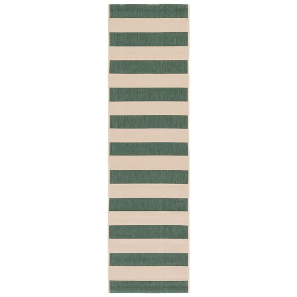 SAFAVIEH Courtyard Beige/Dark Green 2 ft. x 8 ft. Awning Stripe Indoor/Outdoor Runner Rug