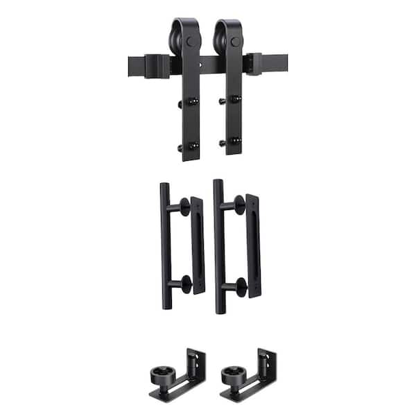 24 in. x 80 in. Black Metal Double Sliding Barn Door Track, 8 ft. J Pulley Track, Sliding Barn Door with Hardware Kit