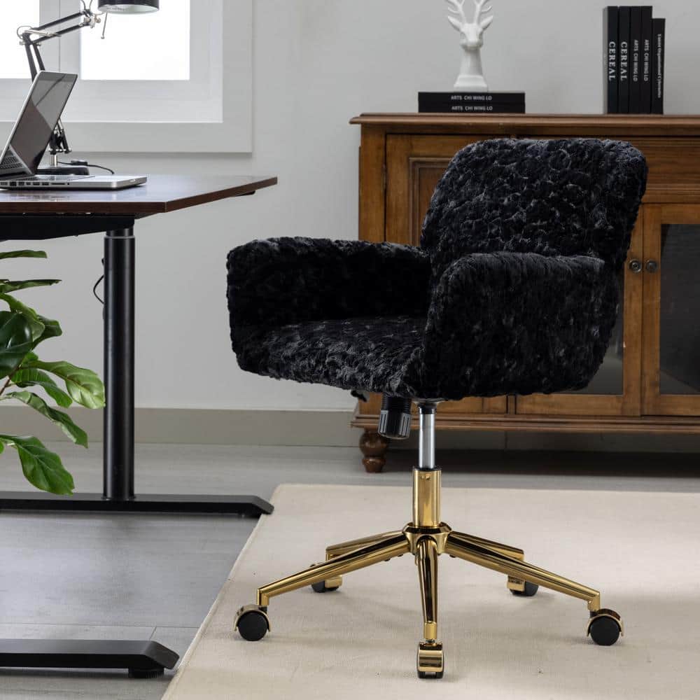 Velvet Upholstered Swivel Task Chair in Black with Golden Metal Base Adjustable Height Home Office Chair Vanity Chair