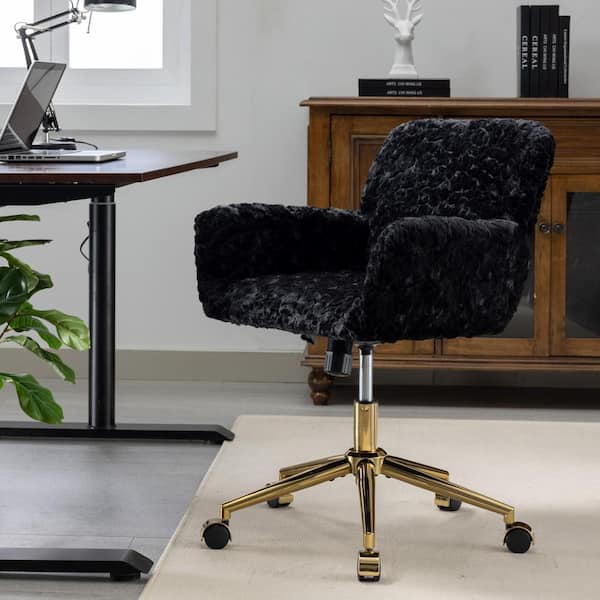 Velvet Upholstered Swivel Task Chair in Black with Golden Metal Base Adjustable Height Home Office Chair Vanity Chair