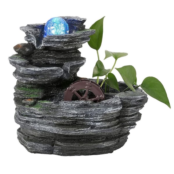 Environmental Resin Desktop Water Fountain with Waterwheel, Crystal Ball, and Light Spitter