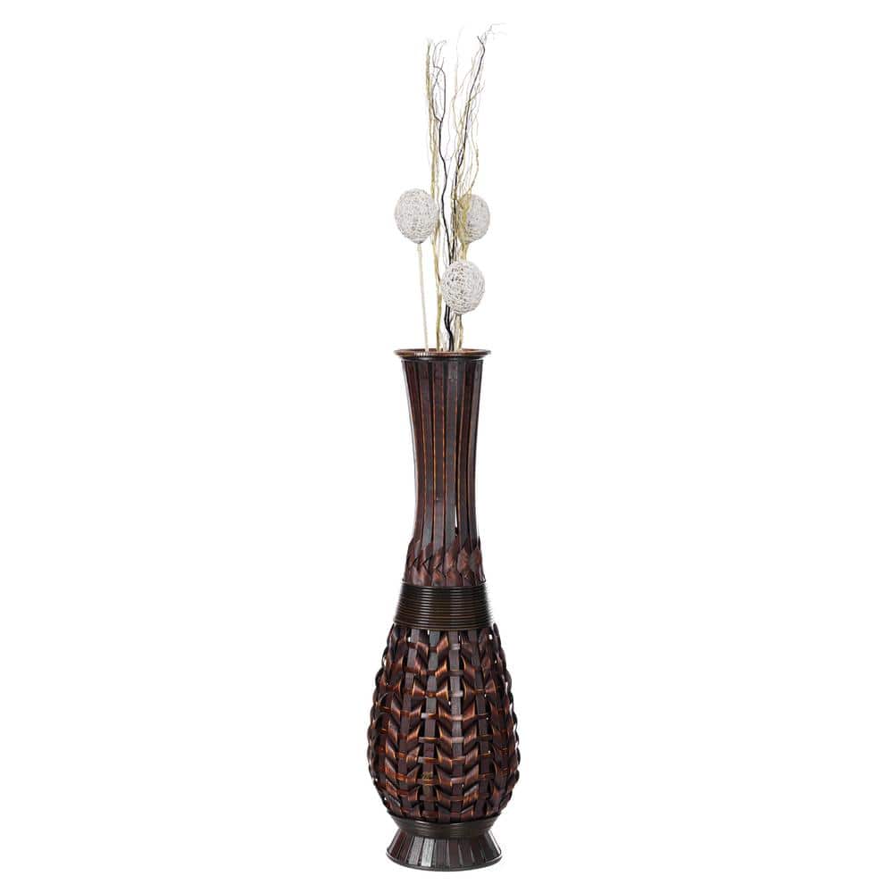 Antique Fluted Metallic Brown Bamboo Floor Vase with Aged Finish