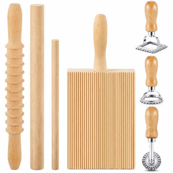 7-Piece Wooden Gnocchi Pasta Making Set with Ravioli Stamp Cutters and Rolling Pin for Homemade Cooking