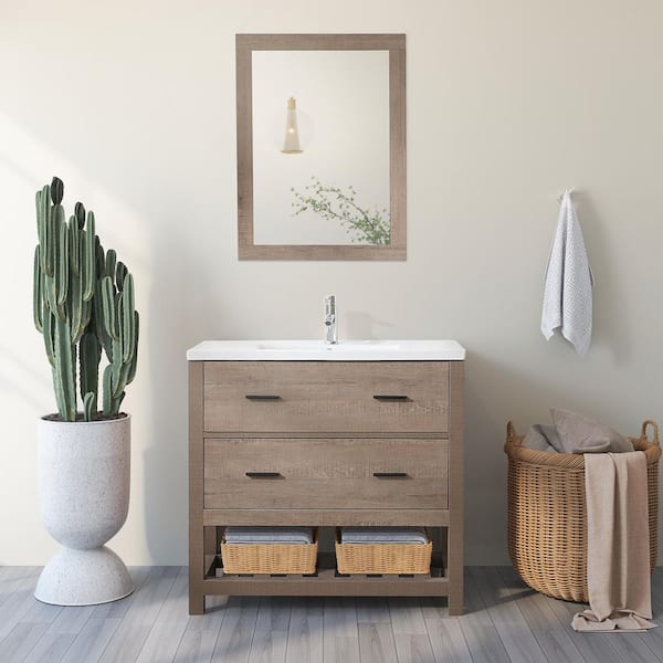 Wonline 35.8 in. W x 18.3 in. D x 34.9 in. H Single Sink Bathroom Vanity in burlywood with Vanity Top and Mirror