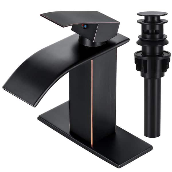 Waterfall Spout 1-Handle Low Arc 1-Hole Bathroom Faucet with Deckplate and Pop-up Drain in Oil Rubbed Bronze