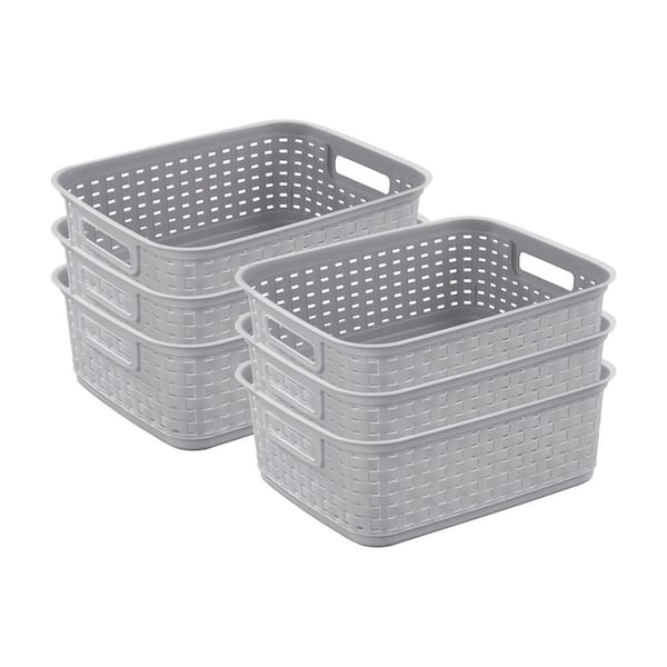 Short Weave Wicker Pattern Storage Container Basket, Gray (6-Pack)
