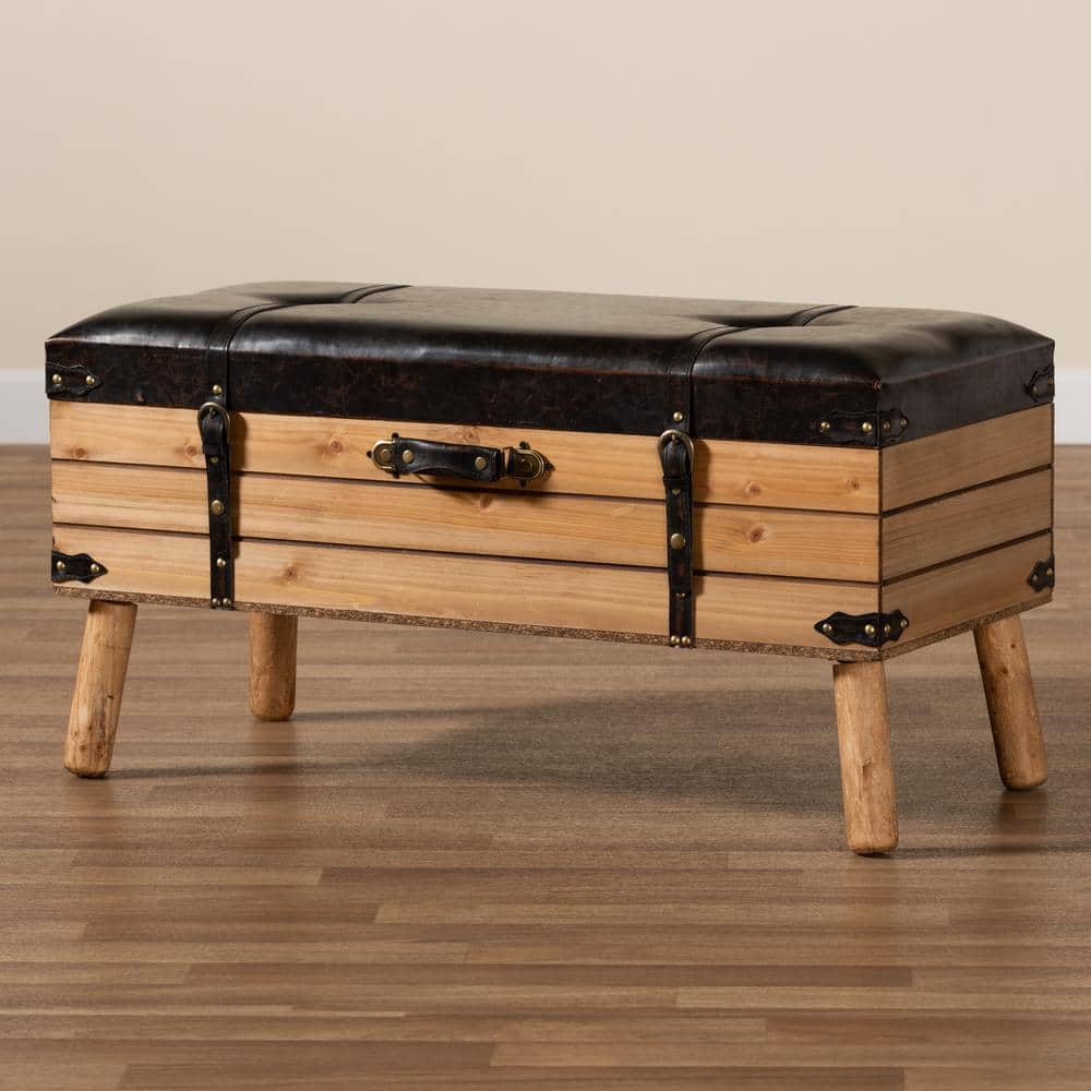 Amena Rustic Dark Brown PU Leather & Oak Large Storage Ottoman