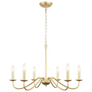 Ercel 6-Light Gold Dimmable Classic Candle Rustic Linear Farmhouse Chandelier for Kitchen Island with no bulbs included