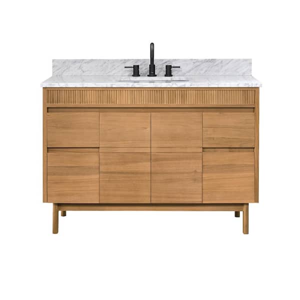 Kayla 49 in. Single Sink Natural Teak Bath Vanity with Carrara White Marble Top