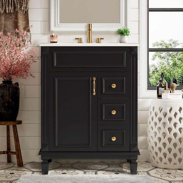 24 in. W Single Sink Freestanding Black Bath Vanity with White Ceramic Top and 2 Drawers on the Right, Unassembled