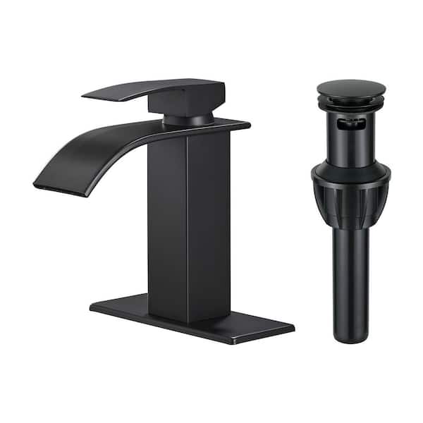 Arc Waterfall Single Handle Single Hole Bathroom Faucet with Drain Kit Included in Black