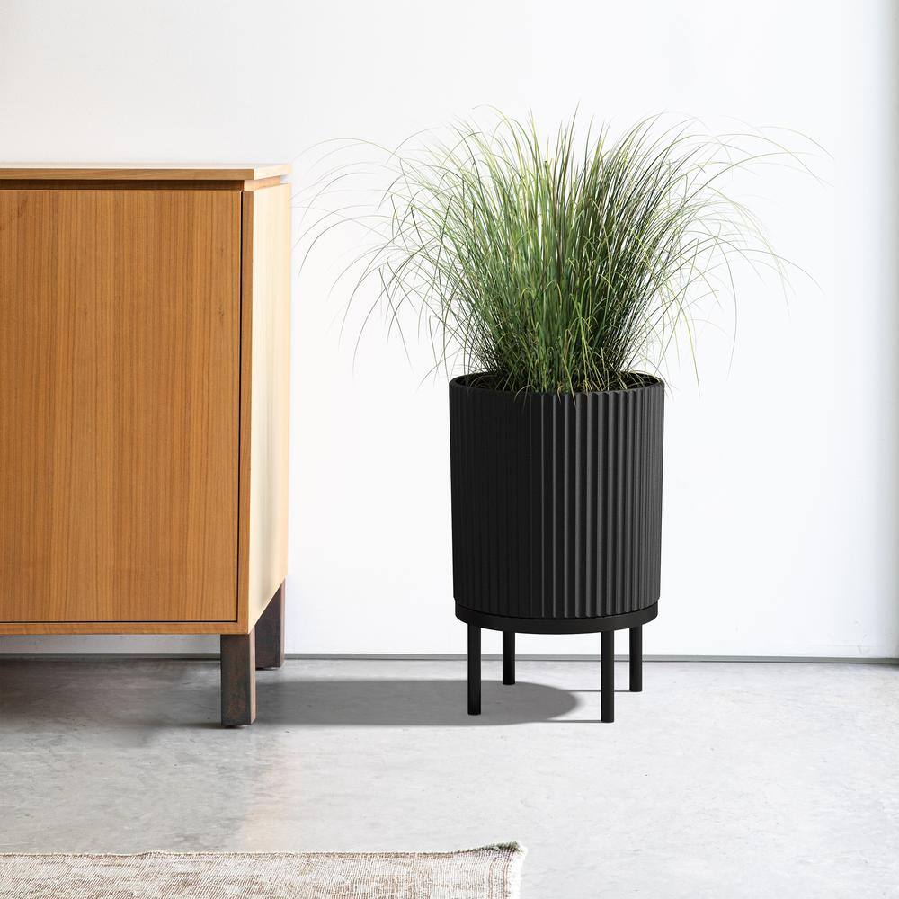 Black Fluted Concrete-Composite Planter with Acacia Wood Stand