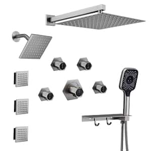 4-Spray 12 in. Wall Mount Dual Shower Heads and Handheld Shower Head with 2.5 GPM and Body Jets in Brushed Nickel