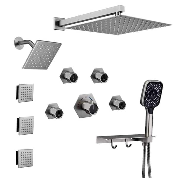 6-Spray 12 in. Wall Mount Dual Shower Heads and Handheld Shower Head with 2.5 GPM and Body Jets in Brushed Nickel