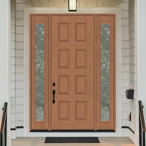 Regency 64 in. x 96 in. 8-Panel LHOS AutumnWheat Stain Mahogany Fiberglass Prehung Front Door w/Dbl 12in. Sidelites