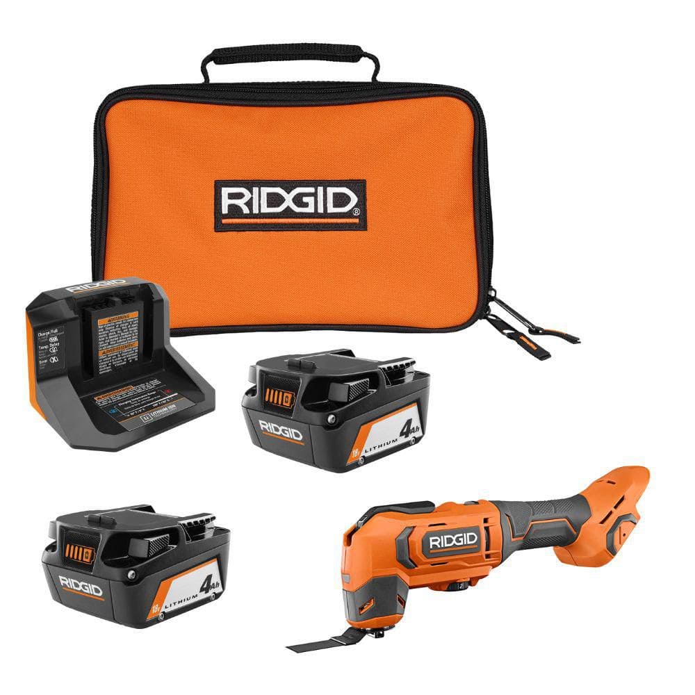 RIDGID 18V 4.0 Ah Battery (2-Pack) with Charger, Bag, and 18V Cordless Oscillating Multi-Tool (R93044R86241)