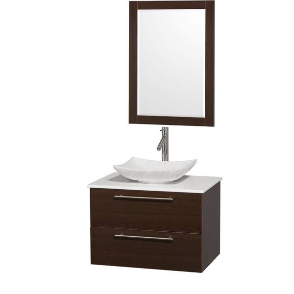 Wyndham Collection Amare 30 in. Vanity in Espresso with Solid-Surface Vanity Top in White, Marble Sink and 24 in. Mirror