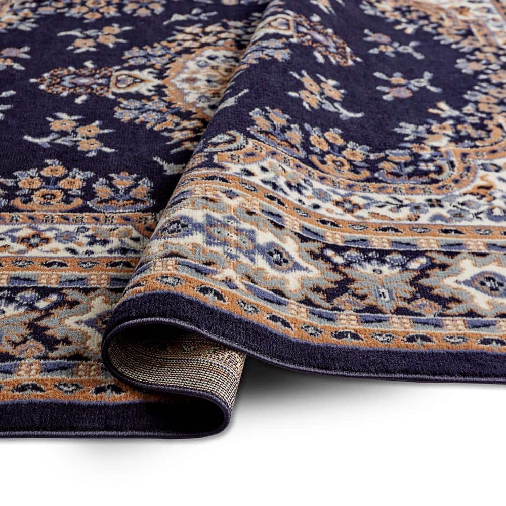 Navy Blue and Brown Synthetic Traditional Medallion Area Rug
