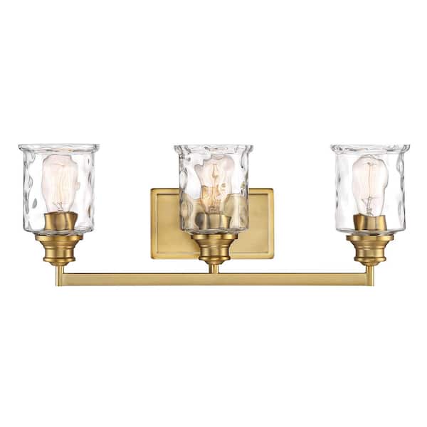 Drake 24 in. 3-Light Brushed Gold Classic Vanity Light with Clear Hammered Glass Shades