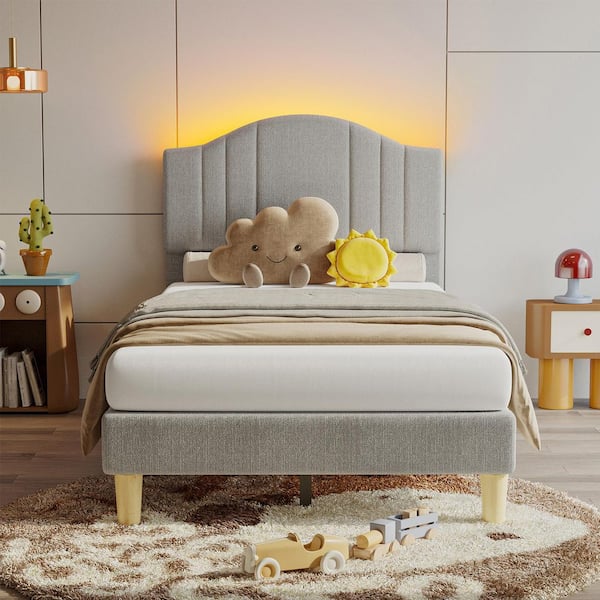 PINMOCO Gray Wood Frame Twin Upholstered Platform Bed Scalloped Bed Frame with LED Adjustable Arc Headboard