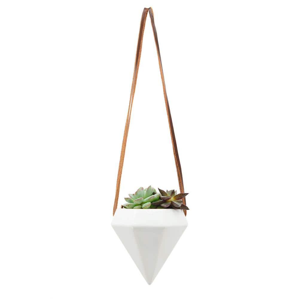Gloss White Diamond Ceramic Hanging Planter with Leather Rope
