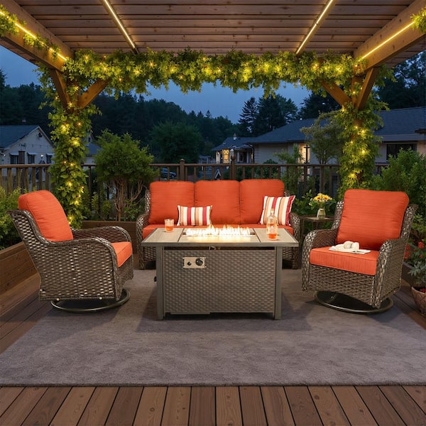 Halcyon 5 Pieces Wicker Outdoor Patio Rectangular  Fire Pit Set and Swivel Rocking Chairs with Orange Red Cushions