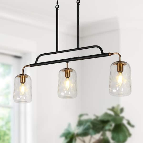 LNC Modern 3-Light Matte Black and Plating Brass Linear Island Chandelier for Kitchen with Textured Glass Mason Jar Shades
