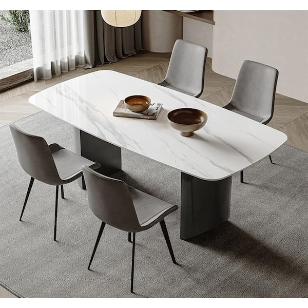 fiziti 70.9 in. Modern White Sintered Stone Tabletop Rectangle Dining Table with Stainless Steel Double Pedestal Base (8 Seats)