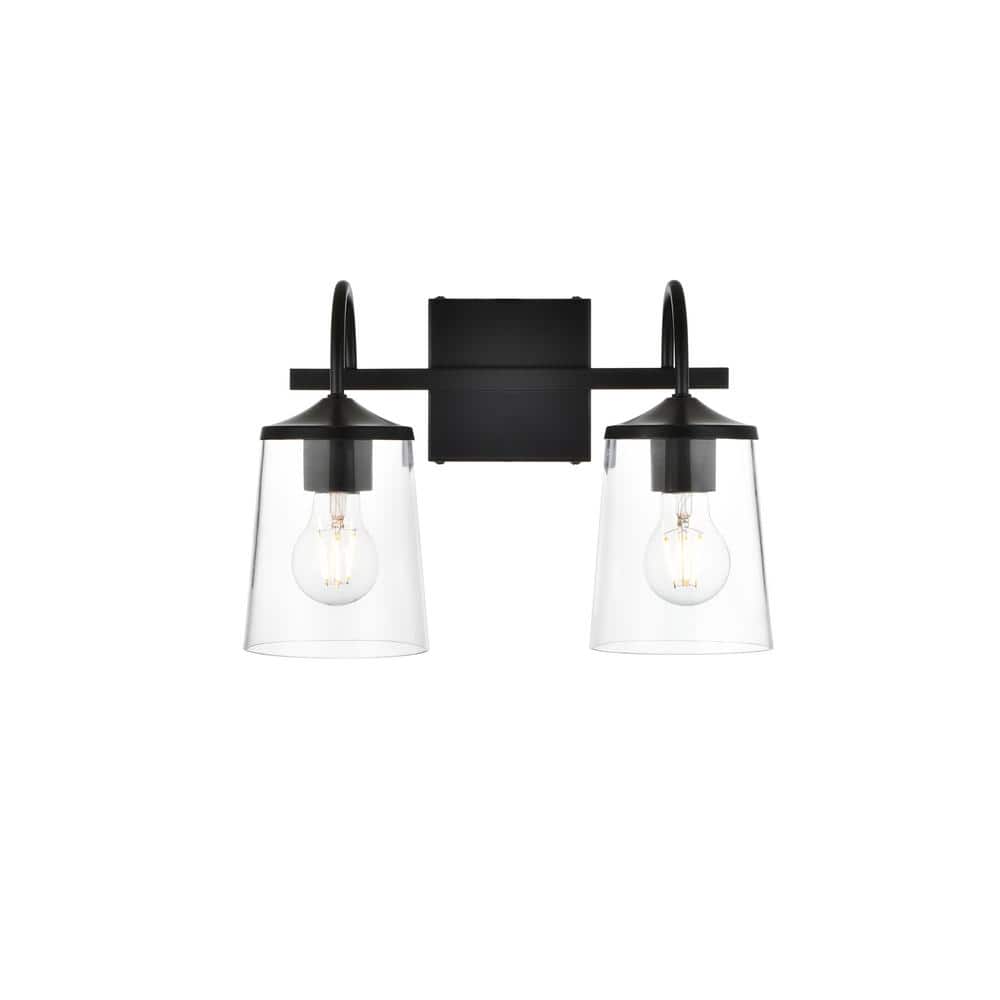 Simply Living 14 in. 2-Light Modern Black Vanity Light with Clear Bell Shad
