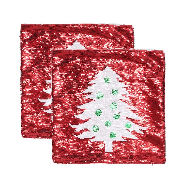 Noble House Otero Red and White Tree Sequin 18 in. x 18 in. Christmas Throw Pillow Cover (Set of 2)