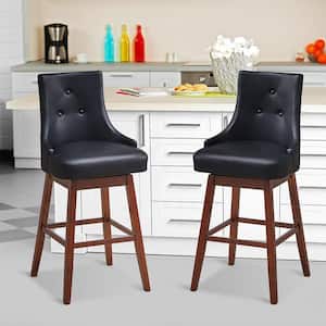 46 in. Black and Brown Wood Set of 2 Swivel Bar Stools 29 in. Pub Height Upholstered Chairs with Rubber Wood Legs