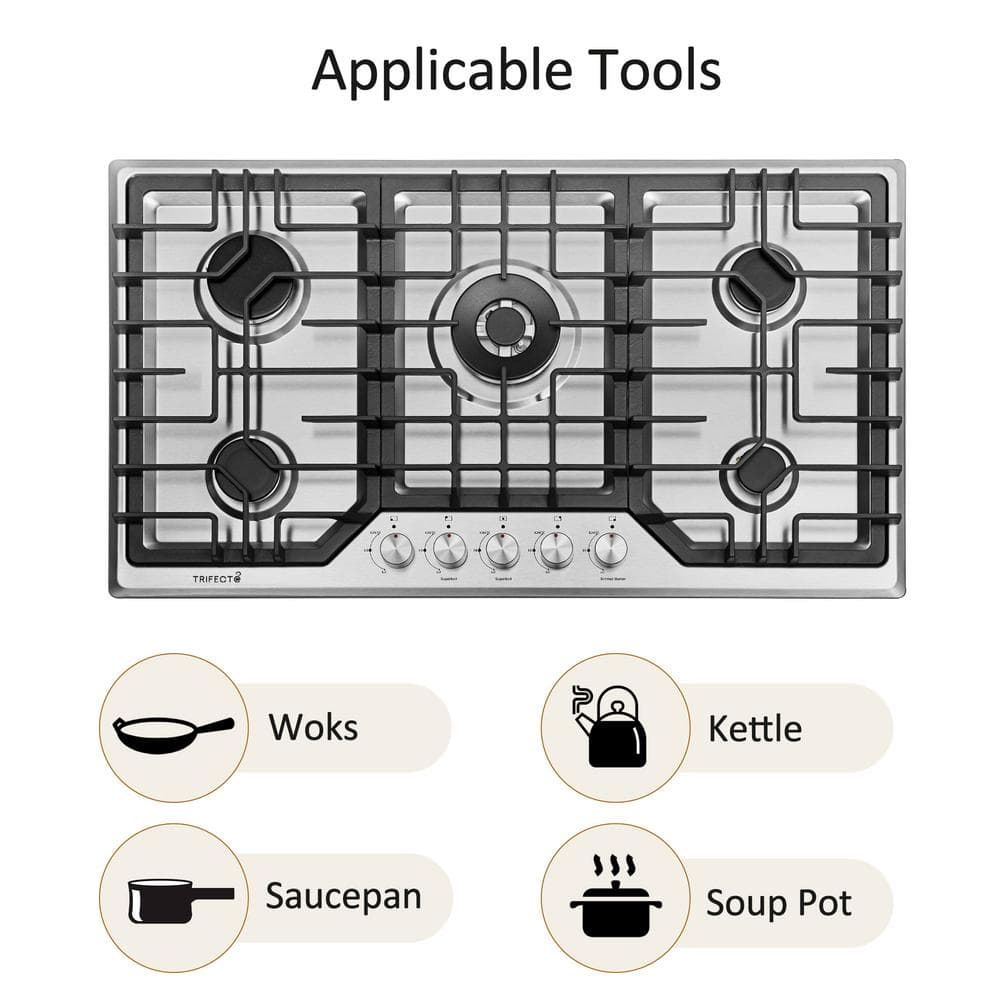 36-Inch Stainless Steel 5-Burner Gas Cooktop with Cast Iron Griddle
