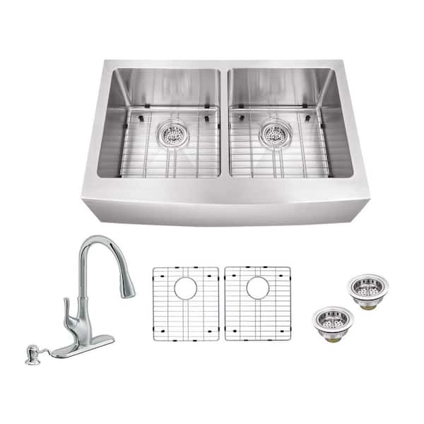 Schon All-in-One Farmhouse Apron Front 16-Gauge Stainless Steel 33 in. 50/50 Double Bowl Kitchen Sink with Pull Out Faucet