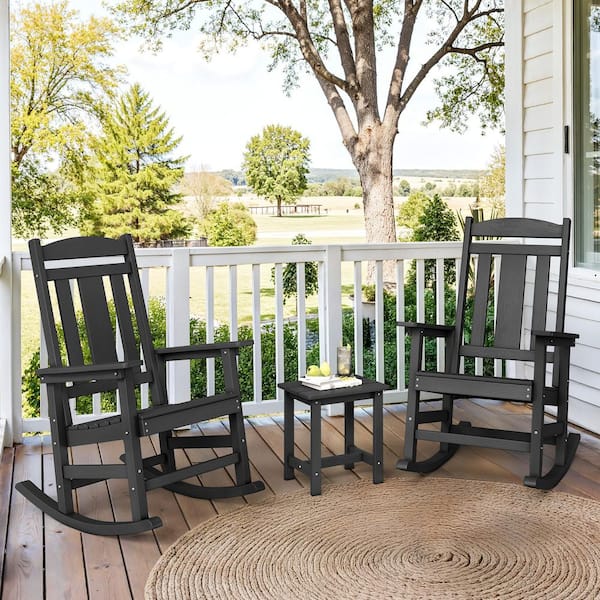 All Weather Resistant Recycled HIPS Plastic Porch Patio Outdoor Rocking Chair For Outdoor Indoor in Black(Set of 2)