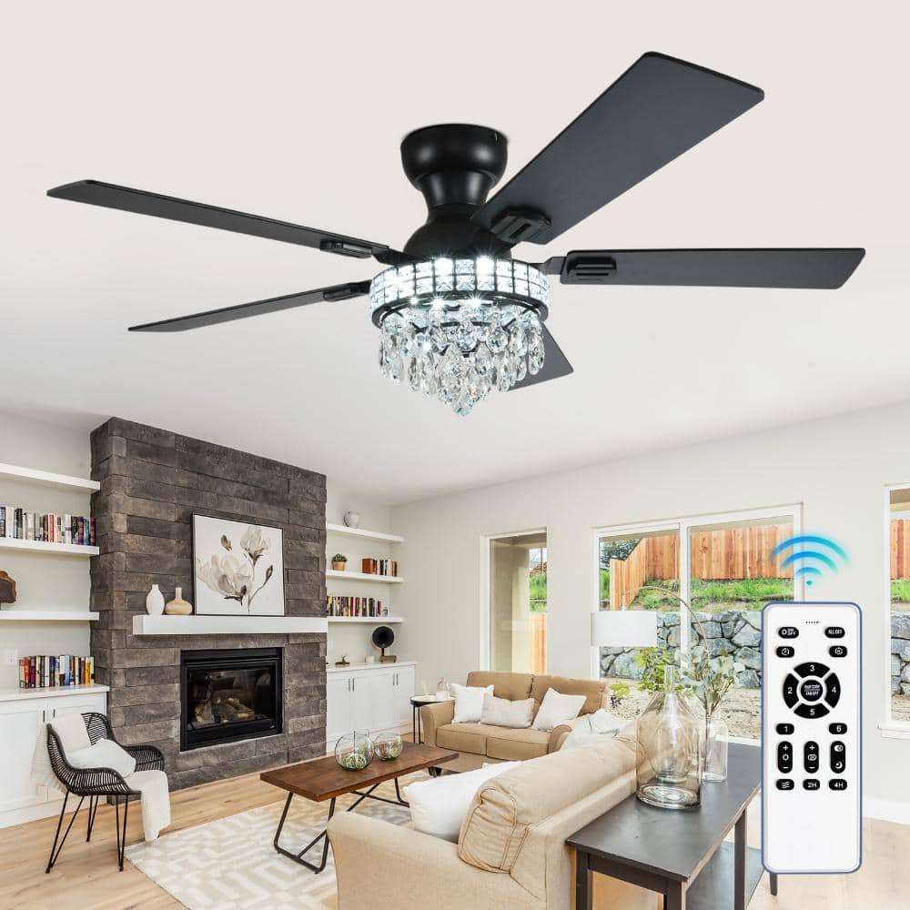 42 in. Black Crystal 5-Walnut/Black Blade Flush Mounted Fandelier Ceiling Fan with LED Light and Remote for Bedroom price history on PriceWatchPro