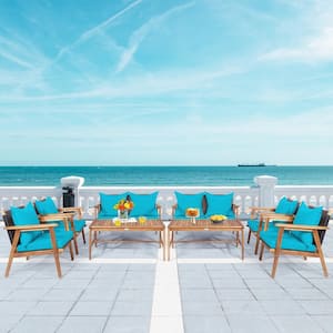 8-Piece Patio Rattan Furniture Set Wood Frame Cushioned Sofa with Coffee Table and Turquoise Cushions