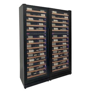 134-Bottle 71 in. Tall Four Zone Side-by-Side Digital Wine Cellar Cooling Unit in Black with Wood Front Shelves