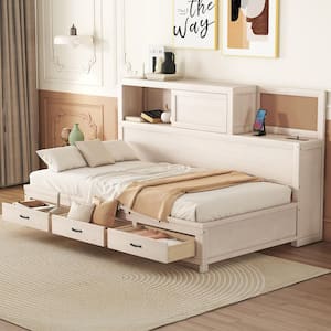 White Wood Twin Size Daybed with Storage Shelves, 3-Drawers, Cork Board, USB Ports, Slide-Door Compartment