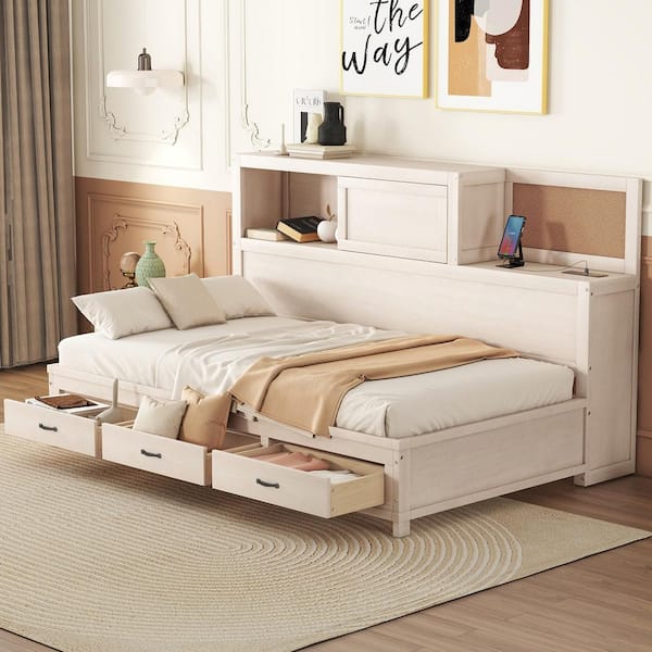 Harper & Bright Designs White Wood Twin Size Daybed with Storage Shelves, 3-Drawers, Cork Board, USB Ports, Slide-Door Compartment