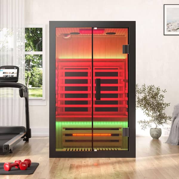 Indoor 2-Person Hemlock Sauna Room with Full-Spectrum Infrared Light System and 360° Heating