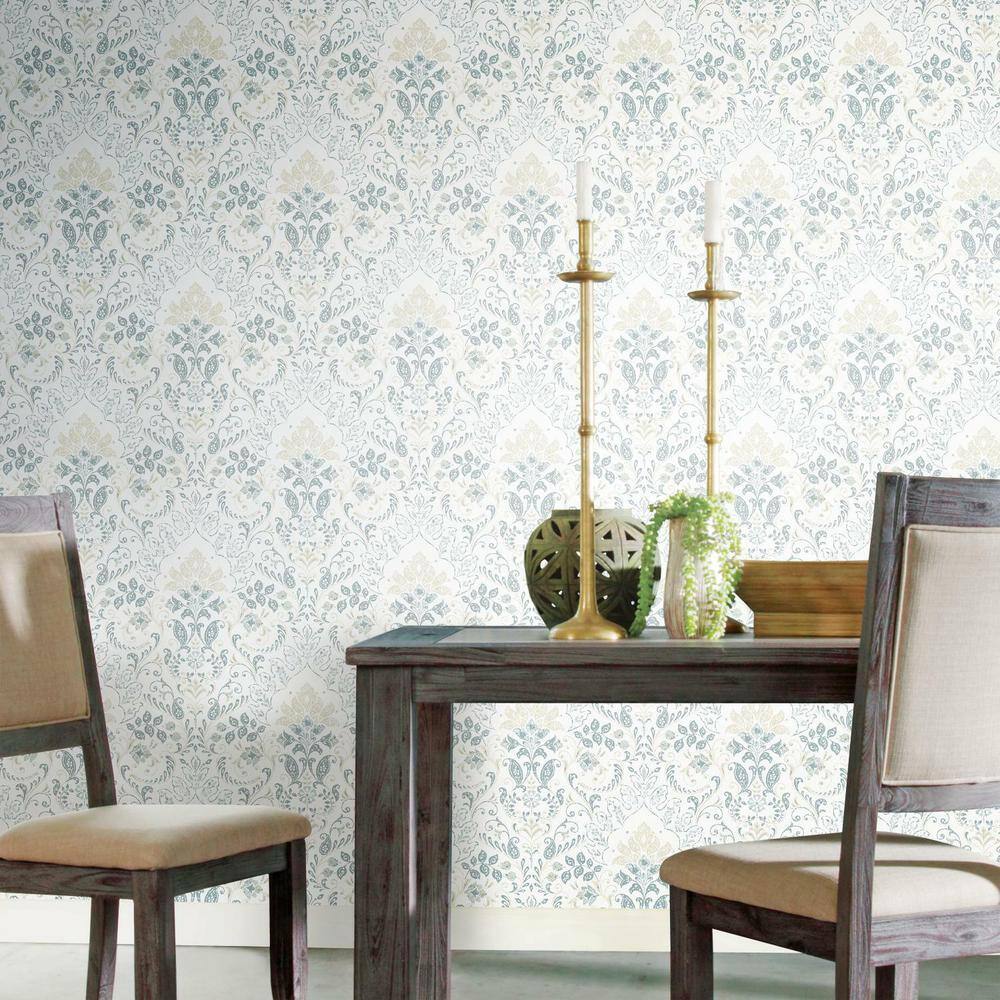White and Blue Vinyl Damask Peel and Stick Wallpaper Roll