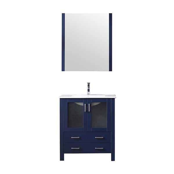 Volez 30 in. W x 18 in. D Navy Blue Bath Vanity, Integrated White Ceramic Top, Faucet Set and 28 in. Mirror
