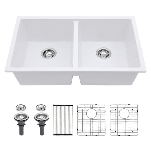 33 in. Undermount Double Bowl (50/50) 16 Gauge White Quartz Kitchen Sink with Strainers