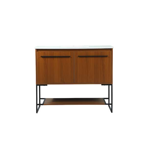 Unbranded Simply Living 40 in. Single Bathroom Vanity in Teak with Quartz Vanity Top in Ivory White