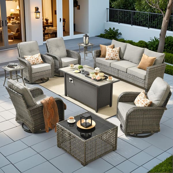 Scarlet 9-Piece Wicker Outdoor Patio Conversation Sofa Set with Swivel Chairs, a LED Table and Dark Grey Cushions