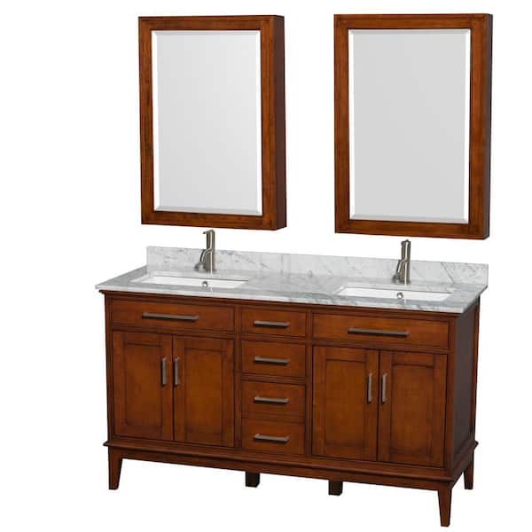 Wyndham Collection Hatton 60 in. Double Vanity in Light Chestnut with Marble Vanity Top in White Carrara and Square Sinks