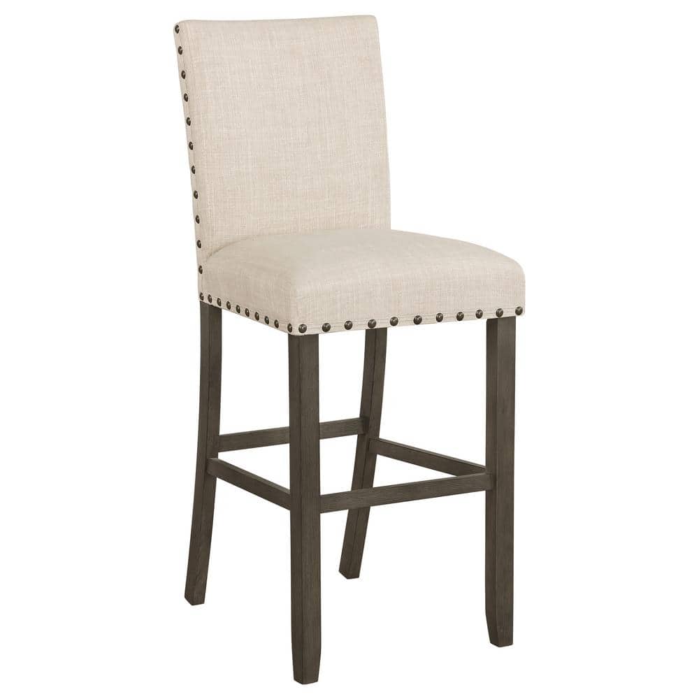 Beige Upholstered Bar Stools with Nailhead Trim, Set of 2