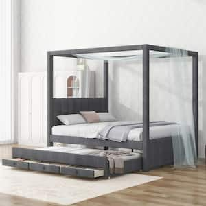 Gray Wood Frame Full Size Canopy Bed with Trundle and Drawer