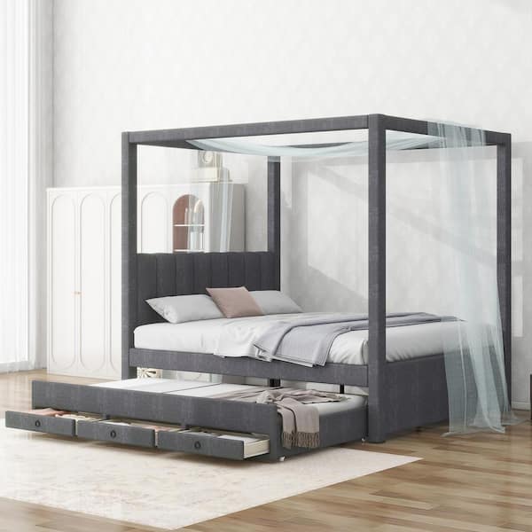 Qualler Gray Wood Frame Full Size Canopy Bed with Trundle and Drawer