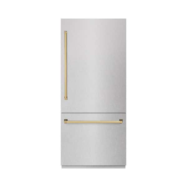 ZLINE Kitchen and Bath Autograph 36 in. Built-In Refrigerator in Satin Steel with Graphite Gray Interior and Polished Gold Accents